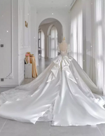 Butterfly Sleeve Satin Beaded Cathedral Train Wedding Dress