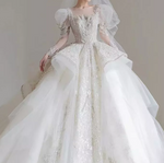 Long Puff Sleeve Lace Beaded Cathedral Train Wedding Dress