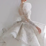 Long Puff Sleeve Lace Beaded Cathedral Train Wedding Dress