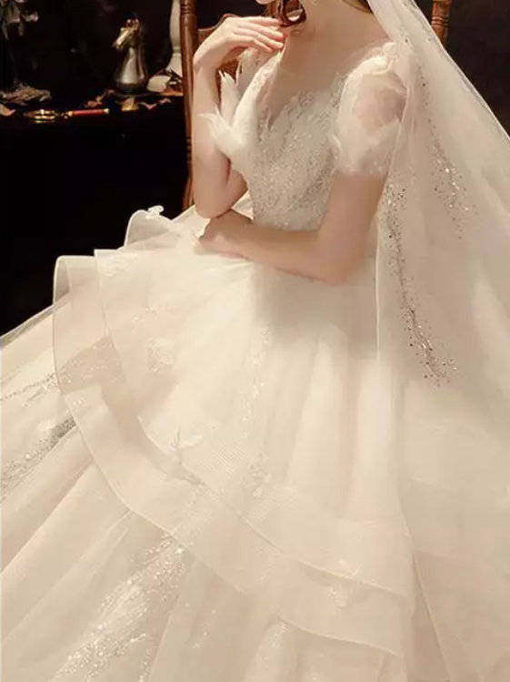 Puff Sleeve Sheer Lace Cathedral Train Wedding Dress