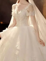 Puff Sleeve Sheer Lace Cathedral Train Wedding Dress