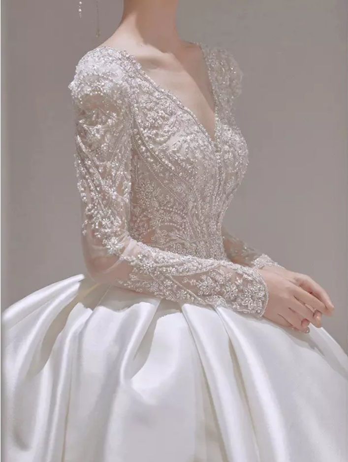 Long Sleeve Lace Satin Cathedral Train Wedding Dress