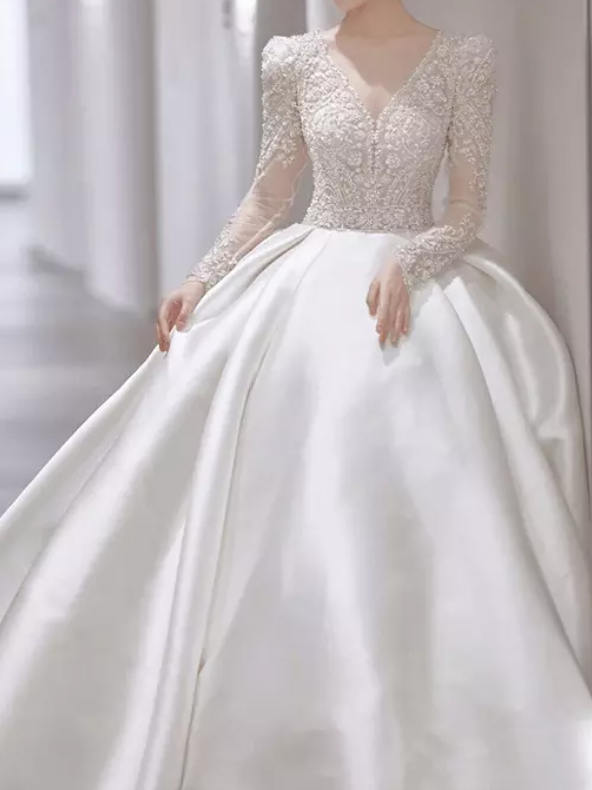 Long Sleeve Lace Satin Cathedral Train Wedding Dress