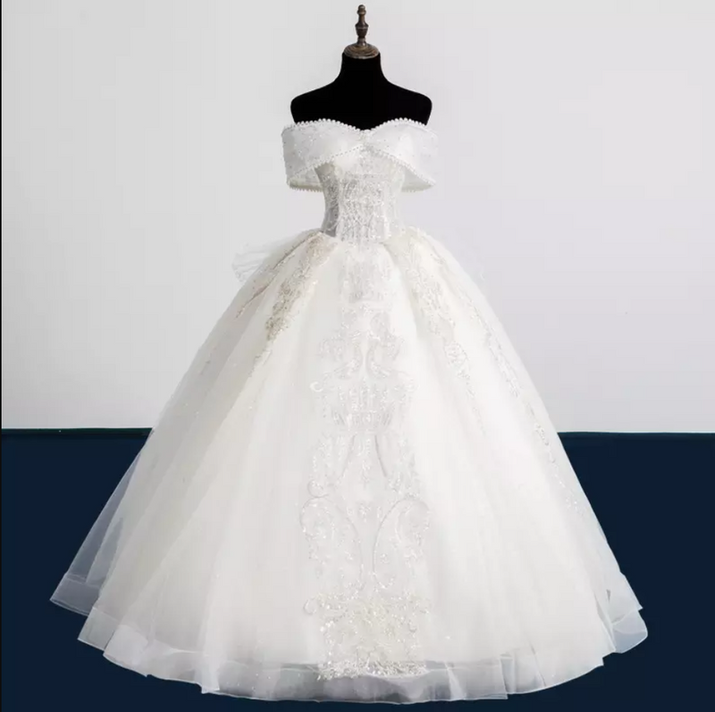 Off Shoulder Lace Organza Cathedral Train Wedding Dress