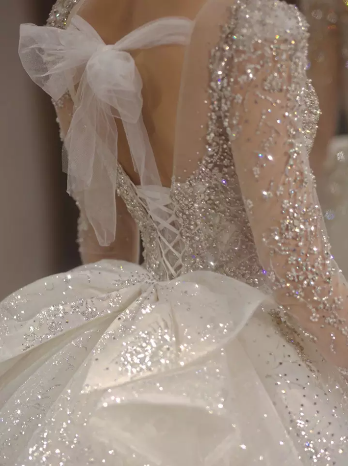 Long Sleeve Sheer Layered Glitter Detail Organza Cathedral Train Wedding Dress