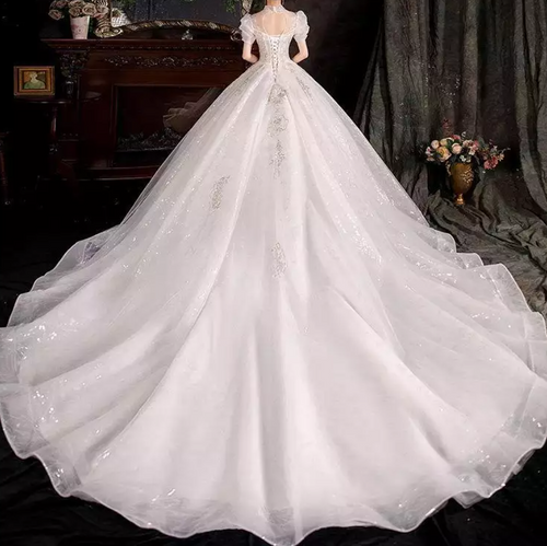 Puff Sleeve Satin Beaded Cathedral Train Wedding Dress