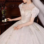 Puff Sleeve Satin Beaded Cathedral Train Wedding Dress