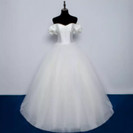Off Shoulder Satin Mesh Faux Button Cathedral Train Wedding Dress