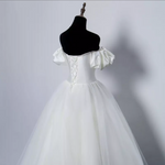 Off Shoulder Satin Mesh Faux Button Cathedral Train Wedding Dress