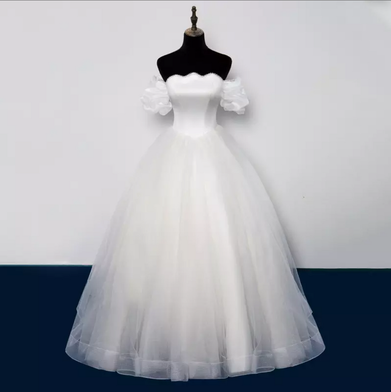 Off Shoulder Puff Sleeve Satin Pearl Trail Cathedral Train Wedding Dress