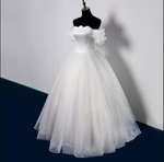 Off Shoulder Puff Sleeve Satin Pearl Trail Cathedral Train Wedding Dress