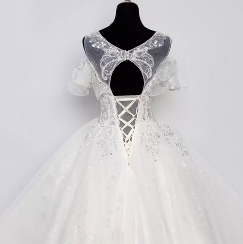Illusion Sheer Lace Sequin Cathedral Train Wedding Dress