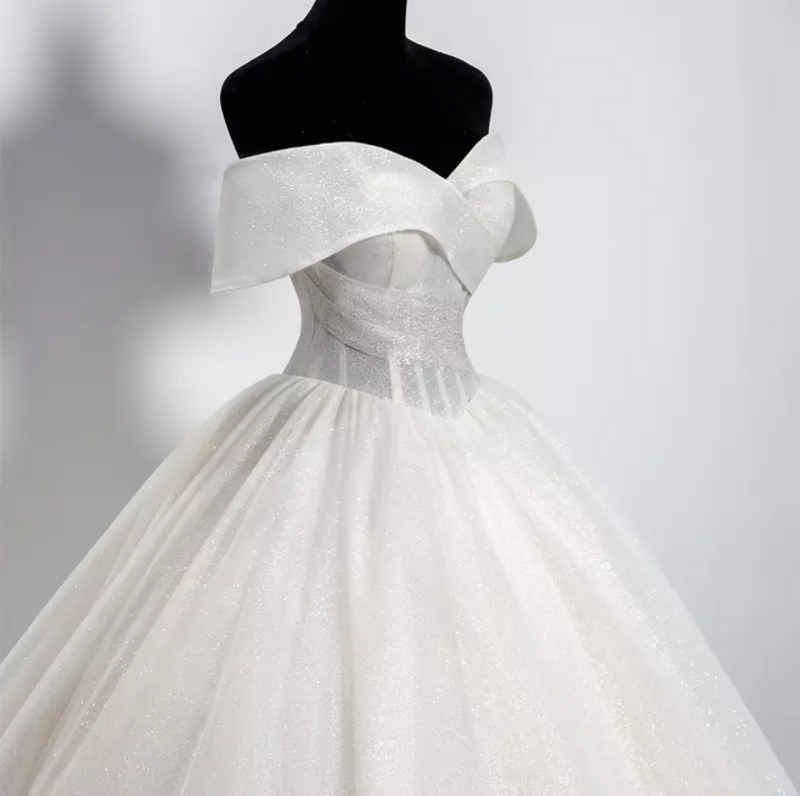 Off Shoulder Glitter Organza Cathedral Train Wedding Dress