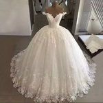 Off Shoulder Floral Lace Sheer Cathedral Train Wedding Dress