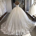 Off Shoulder Floral Lace Sheer Cathedral Train Wedding Dress