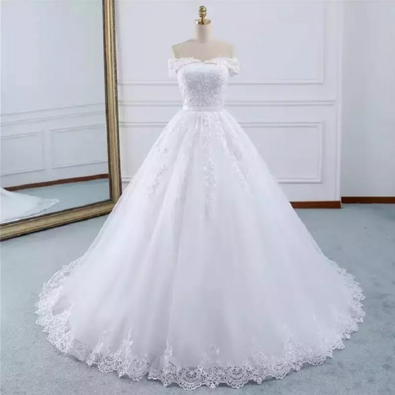 Off Shoulder Floral Embroidery Cathedral Train Wedding Dress