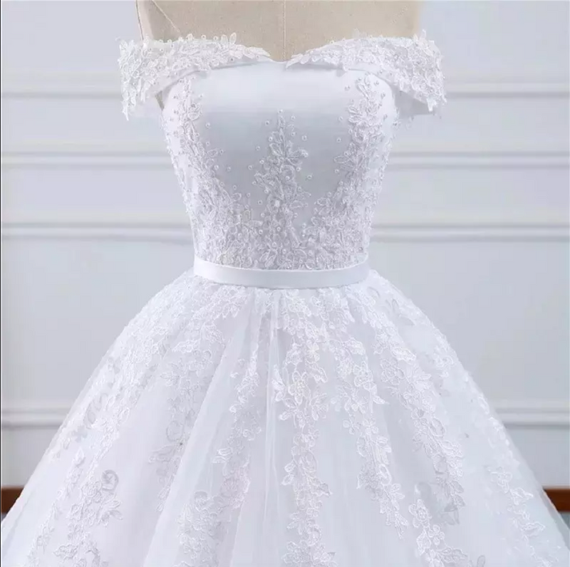 Off Shoulder Floral Embroidery Cathedral Train Wedding Dress