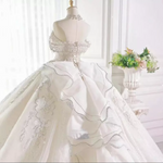 Off Shoulder Lace Organza Cathedral Train Wedding Dress