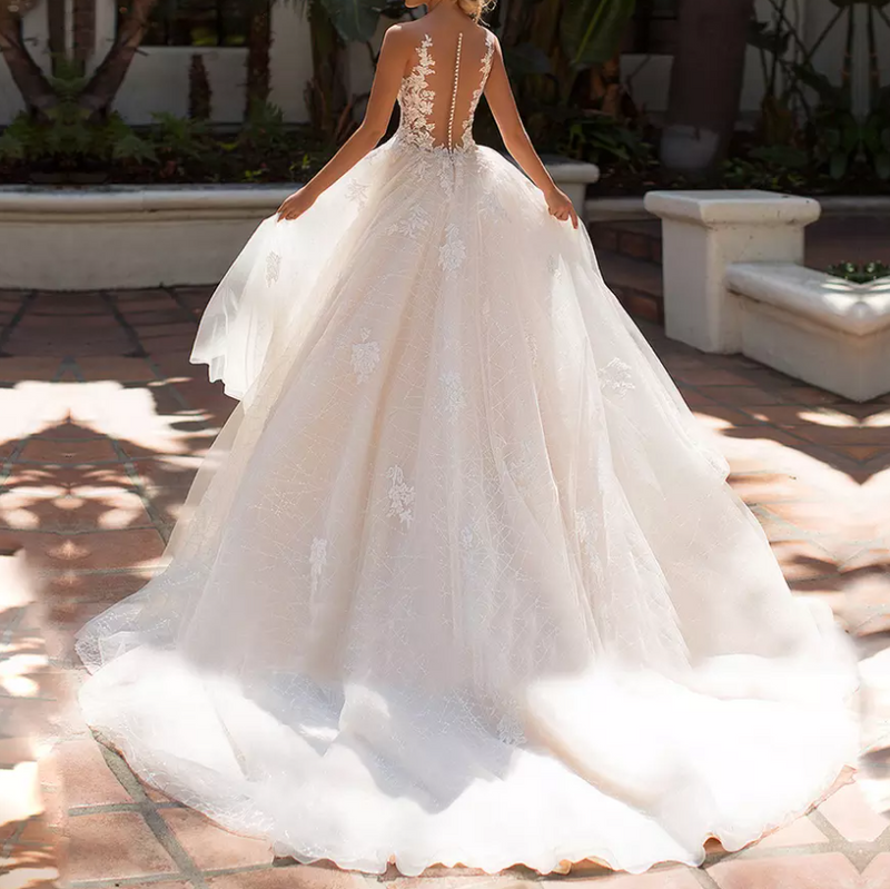 Floral Embroidery Sheer Cathedral Train Wedding Dress