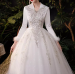 Long Sleeve Fuzzy End Sheer Cathedral Train Wedding Dress