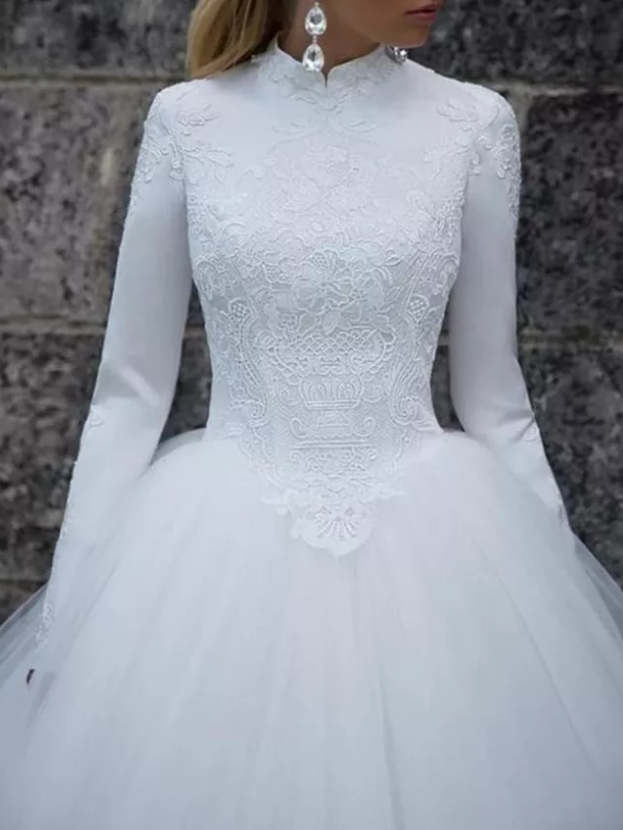 Long Sleeve High Neck Lace Floral Embroidered Wedding Dress