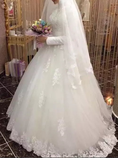 Long Sleeve Sheer Lace Floral Embroidered Ball Wedding Dress
