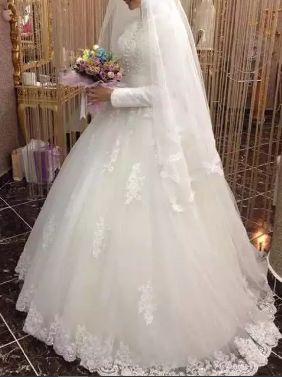 Long Sleeve Sheer Lace Floral Embroidered Ball Wedding Dress