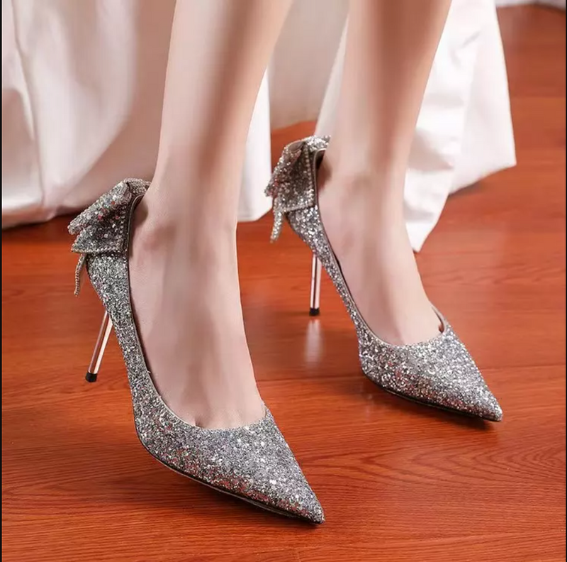 Pump Pointed Toe Sequin Ribbon Wedding Shoes