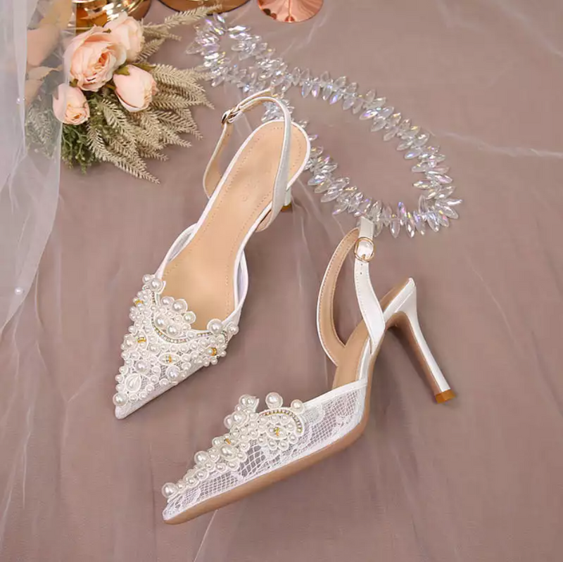 Pump Pointed Toe Mesh Lace Pearl Wedding Shoes