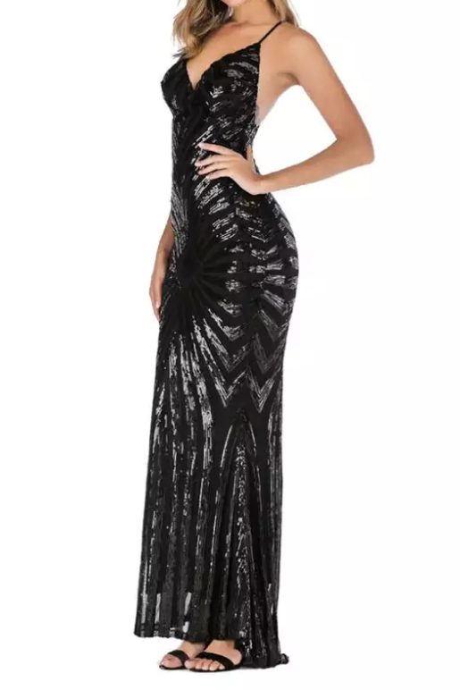 Deep V-Neck Bodycon Sequin Pattern Evening Gown