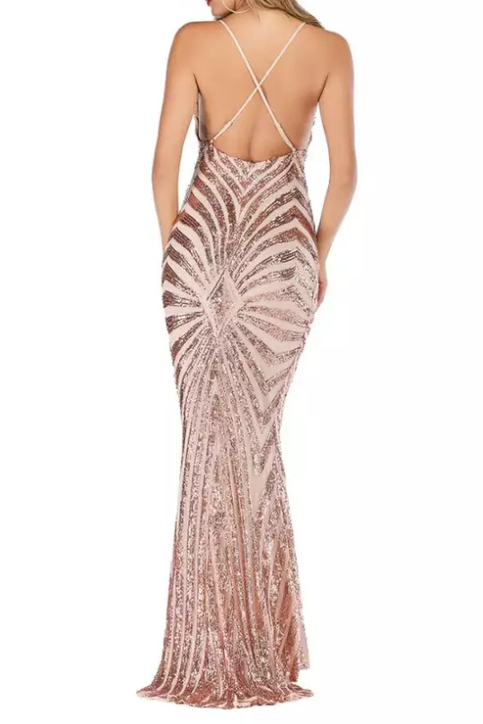 Deep V-Neck Bodycon Sequin Pattern Evening Gown