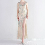 V-Neck Crystal Sleeve Slit Evening Gown