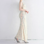 V-Neck Crystal Sleeve Slit Evening Gown