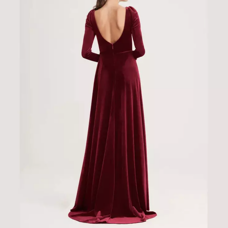 Long Sleeve Velvet Plunging Neckline Slit Evening Gown