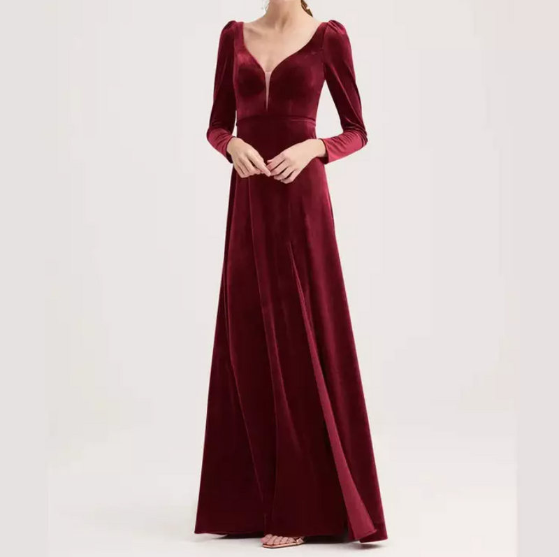 Long Sleeve Velvet Plunging Neckline Slit Evening Gown