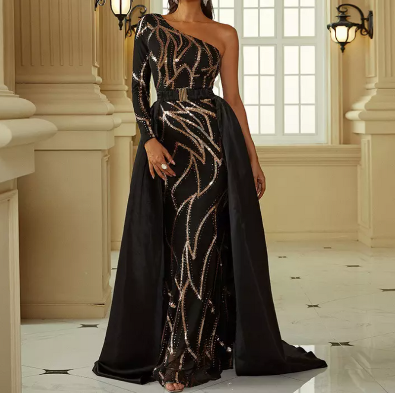 Asymmetrical Sleeve Long Skirt Geometric Detail Evening Gown