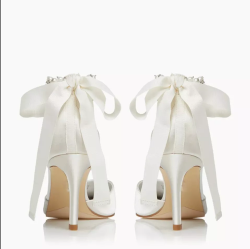 Pump Pointed Toe Satin Ribbon Pearl Rhinestone Wedding Shoes