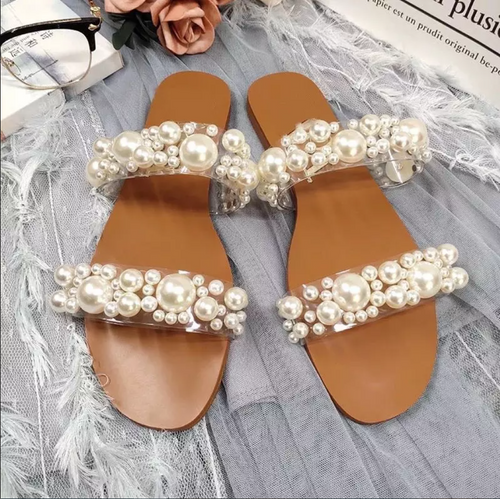 Clear Two Strap Pearl Beaded Flat Bridal Shoes