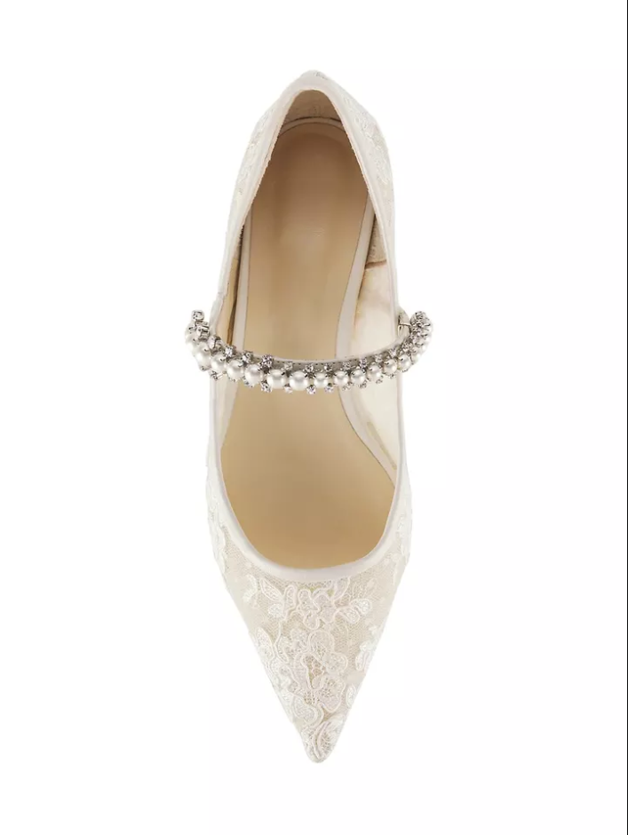 Lace Pointed Toe Doll Shoes Pearl Strap Flat Bridal Shoes