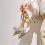 Pump Pointed Toe Clear Ribbon Rhinestone Decor Wedding Shoes