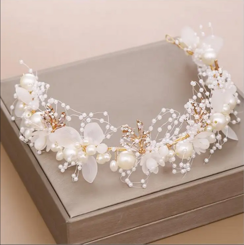 Floral Faux Pearl Beads Wedding Crown