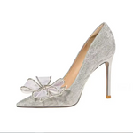 Pump Pointed Toe Glitter Mesh Ribbon Rhinestone Wedding Shoes