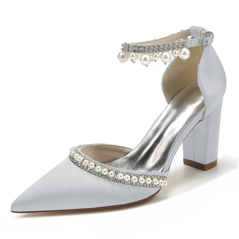 Pump Pointed Toe Satin Pearl Rhinestone Wedding Shoes