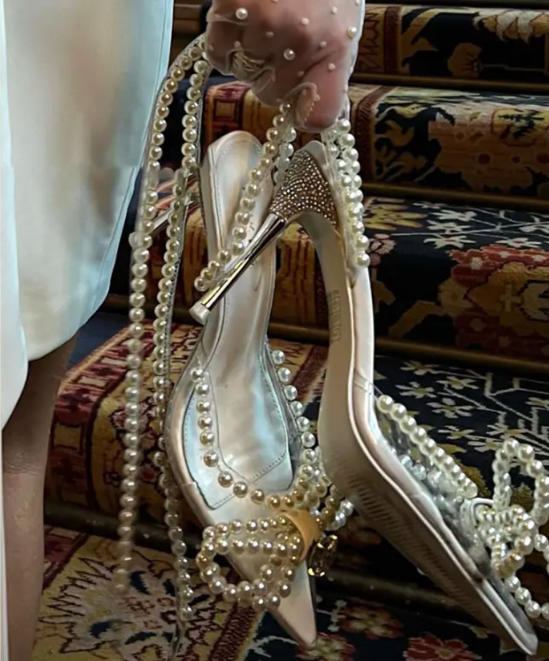Stiletto Clear Pointed Toe Pearl Beaded Strap Wedding Shoes