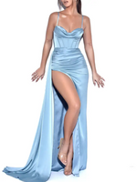 Cowl Neck Ruched Corset Slit Satin Evening Gown