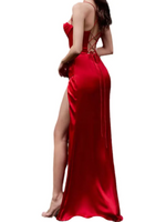 Cowl Neck Ruched Corset Slit Satin Evening Gown