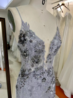 Deep V Neck Slit Flower Detail Sequin Evening Gown