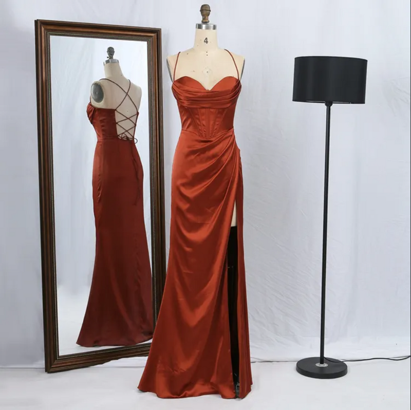 Lace Up Back Satin High Slit Evening Gown